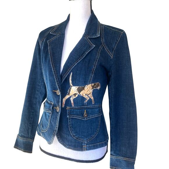 VTG Western Embellished Stretch Denim Blazer Jacket Sz S Horse Girl Pointer Dog - Picture 1 of 13